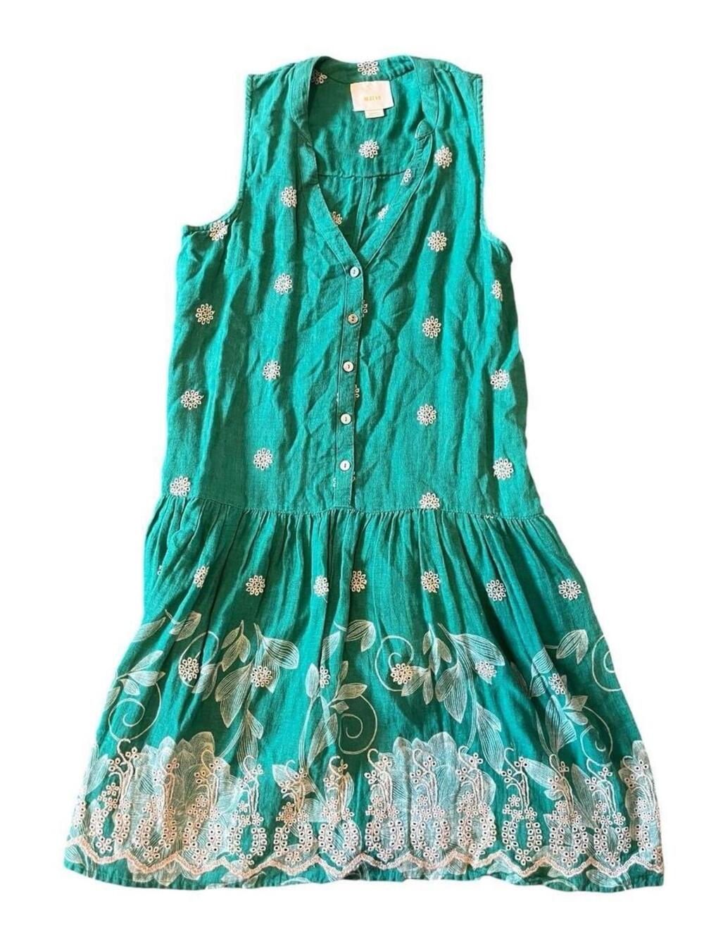 Maeve Women's Sleeveless Teal Blue Knee-Length Dress with White Floral Embroider